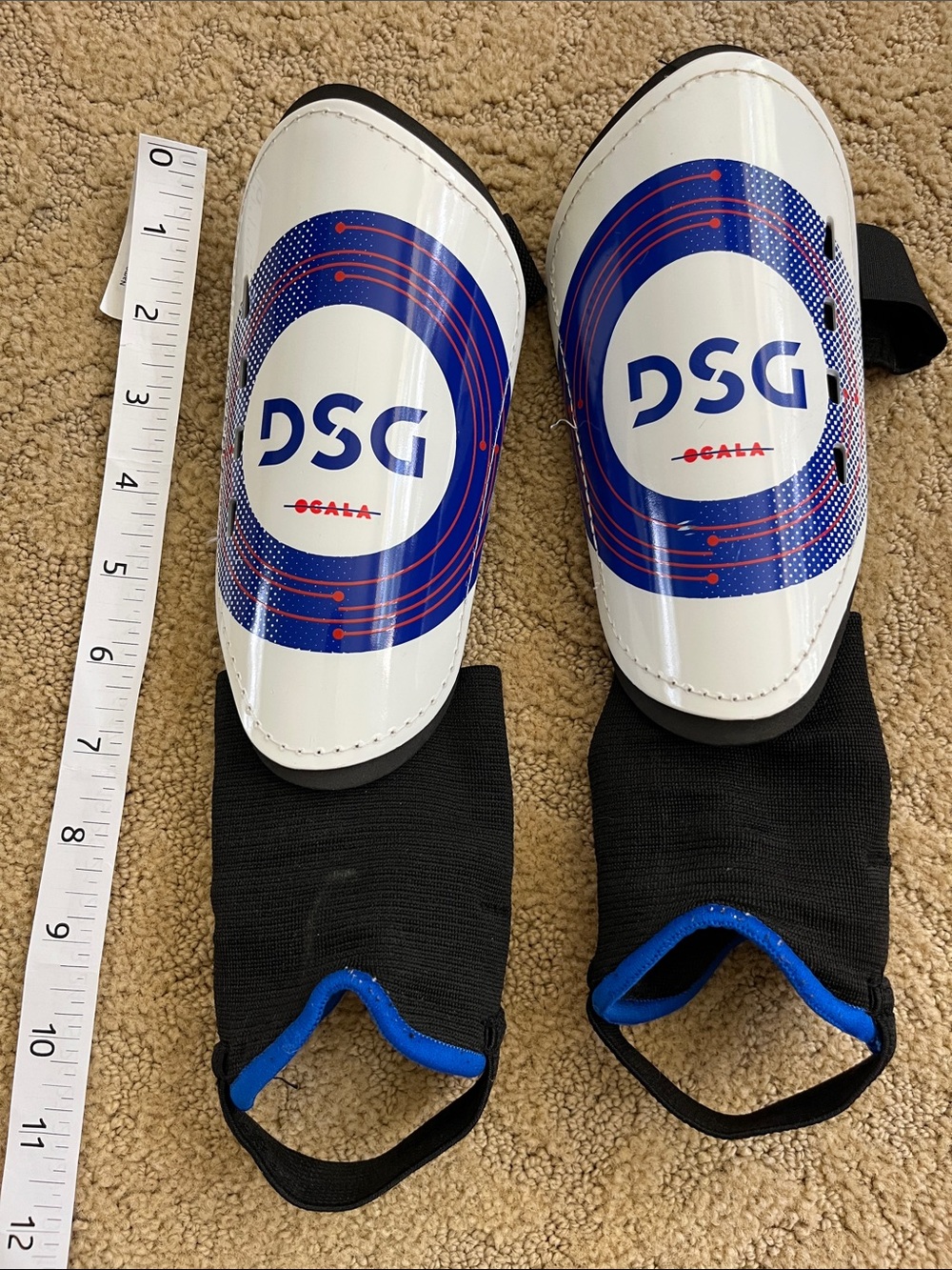DSG White & Blue Youth Soccer Shin Guards with Black Ankle Sleeves